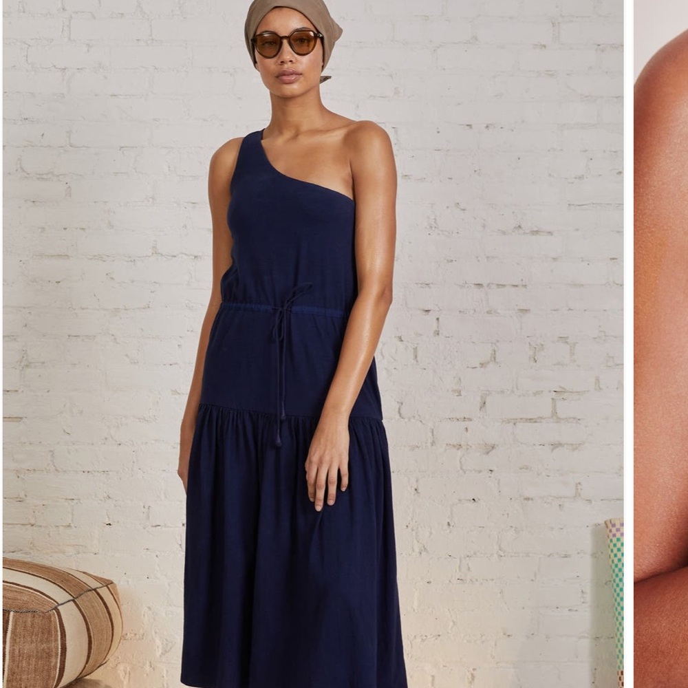 Navy One-Shoulder Midi Dress